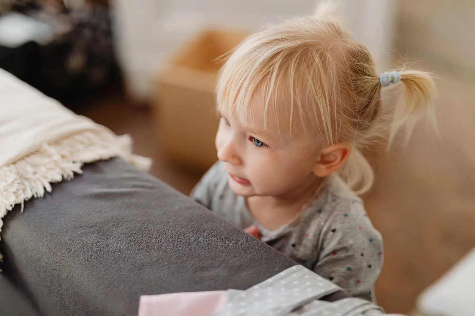 Adorable blonde child with pigtails playing with curiosity indoors near a sofa.